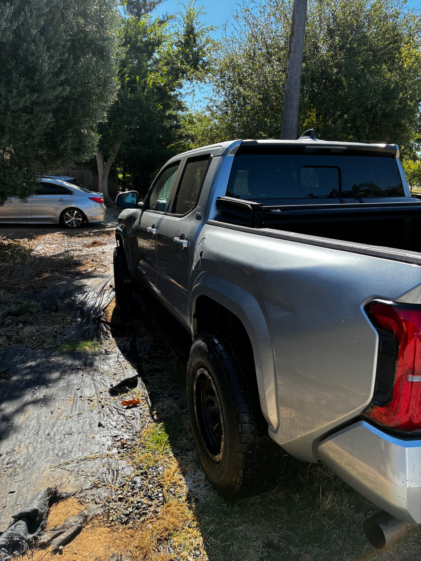 Rear three-quarter view of silver Toyota Tacoma with beading water on freshly coated paint